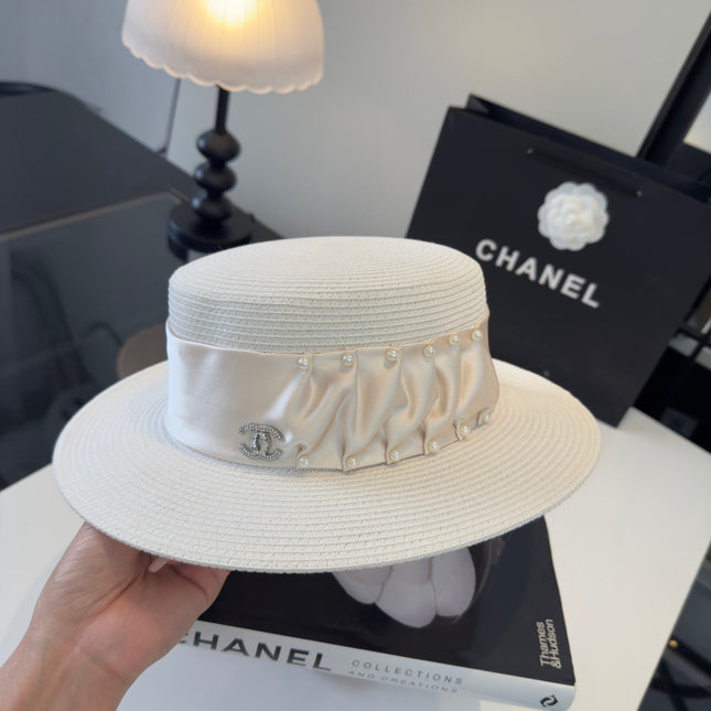CHANEL 26S RIBBON-EMBELLISHED STRAW BOATER HAT 335894
