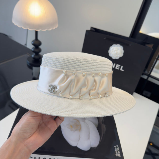 CHANEL 26S RIBBON-EMBELLISHED STRAW BOATER HAT 335894
