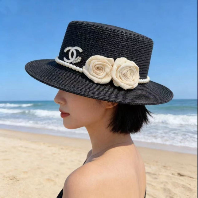 CHANEL 26S BOATER HAT FLORAL EMBELLISHMENT 338037