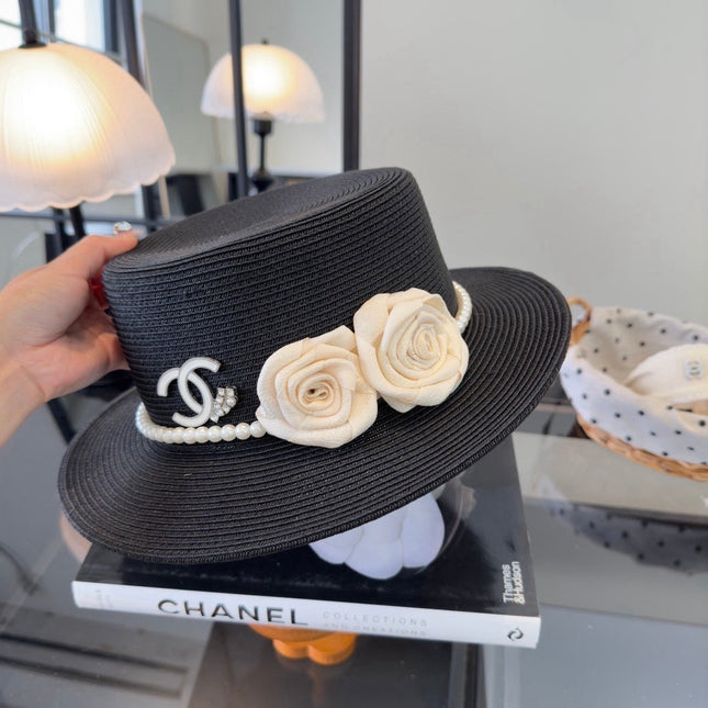 CHANEL 26S BOATER HAT FLORAL EMBELLISHMENT 338037