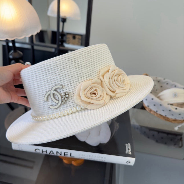 CHANEL 26S BOATER HAT FLORAL EMBELLISHMENT 338038