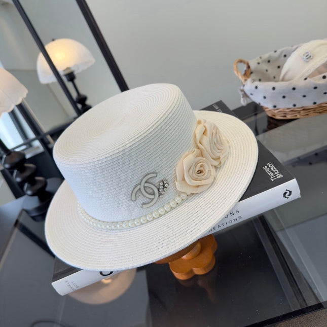 CHANEL 26S BOATER HAT FLORAL EMBELLISHMENT 338038