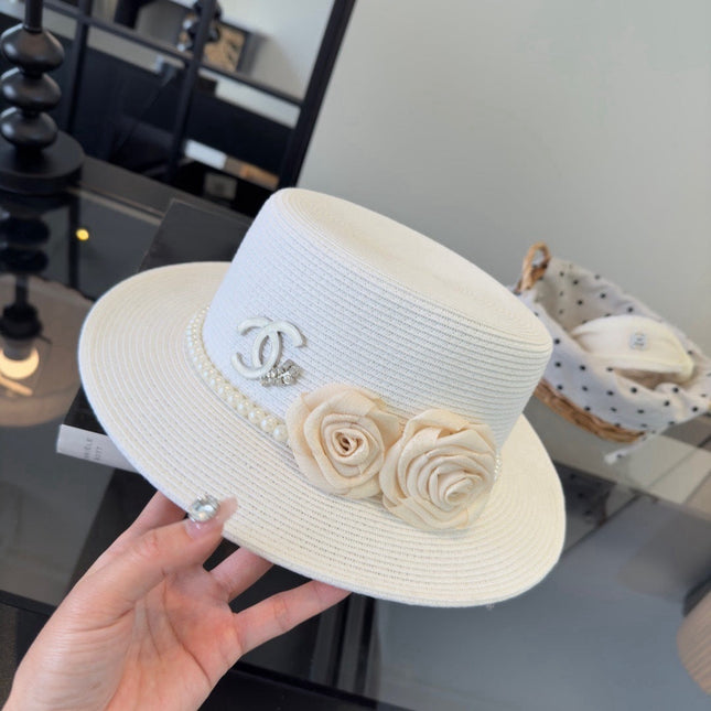 CHANEL 26S BOATER HAT FLORAL EMBELLISHMENT 338038