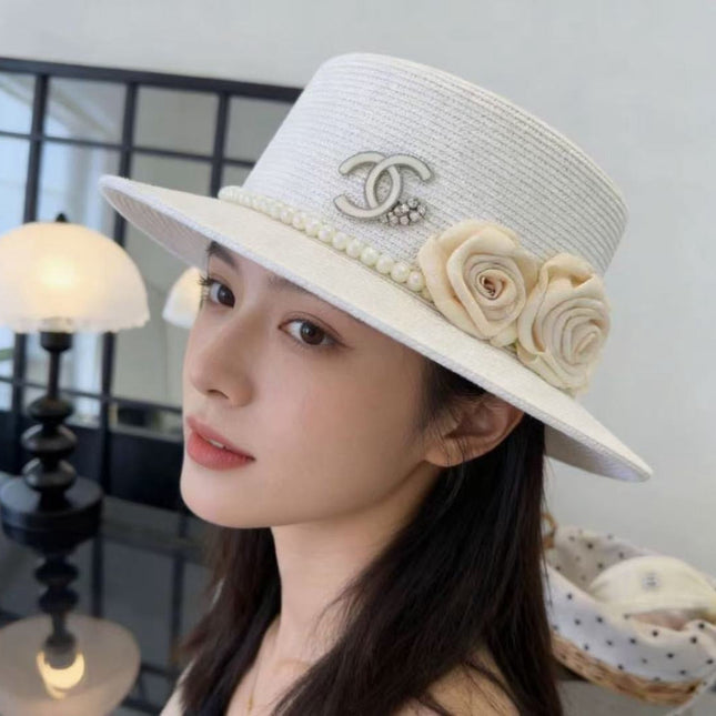 CHANEL 26S BOATER HAT FLORAL EMBELLISHMENT 338038