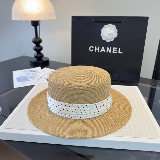 CHANEL 26S BOATER STRAW HAT WITH CRYSTAL-EMBELLISHED CC LOGO 338039