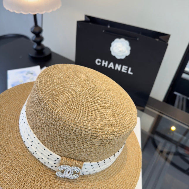 CHANEL 26S BOATER STRAW HAT WITH CRYSTAL-EMBELLISHED CC LOGO 338039