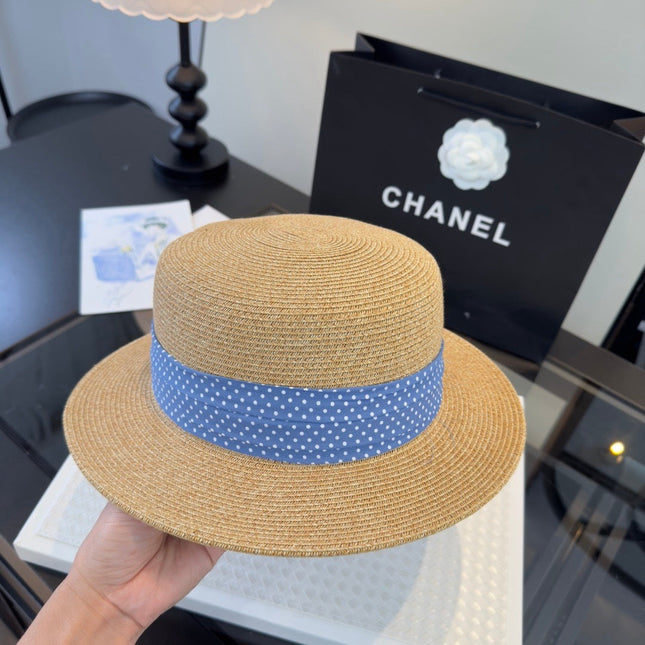 CHANEL 26S BOATER STRAW HAT WITH CRYSTAL-EMBELLISHED CC LOGO 338040