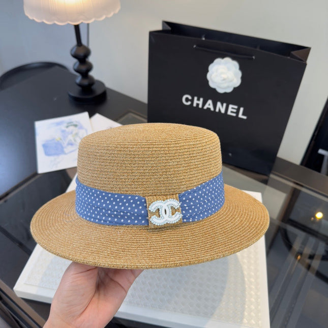 CHANEL 26S BOATER STRAW HAT WITH CRYSTAL-EMBELLISHED CC LOGO 338040