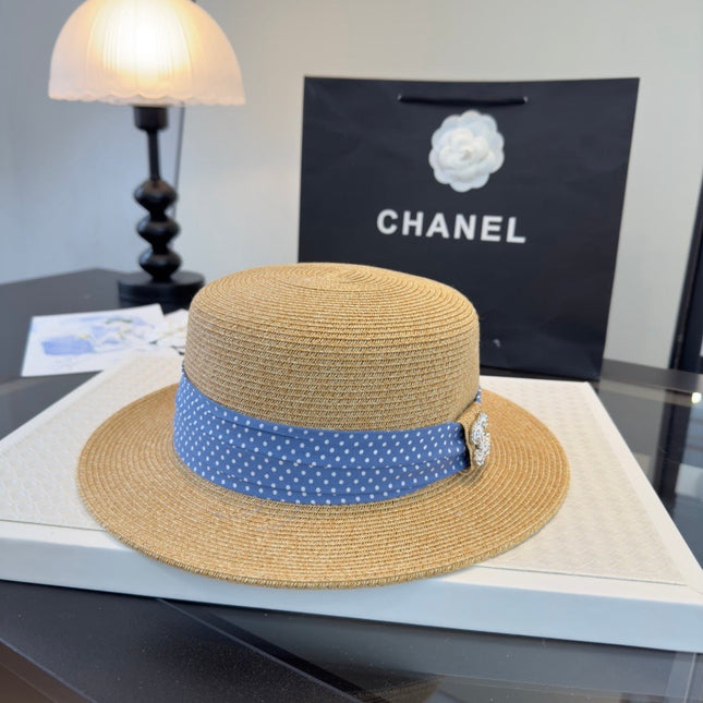 CHANEL 26S BOATER STRAW HAT WITH CRYSTAL-EMBELLISHED CC LOGO 338040