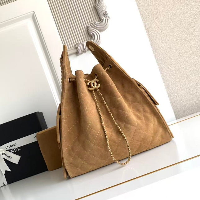 CHANEL 25S HOBO BAG 40 IN BROWN SUEDE WITH GOLD HARDWARE
