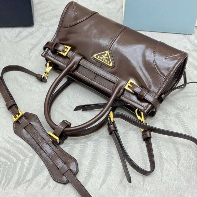 PRADA 25S BONNIE MINI HANDBAG 23 IN DARK BROWN CALFSKIN GOLD HARDWARE