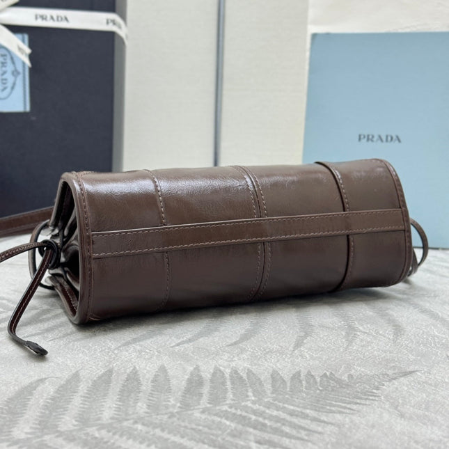 PRADA 25S BONNIE MINI HANDBAG 23 IN DARK BROWN CALFSKIN GOLD HARDWARE