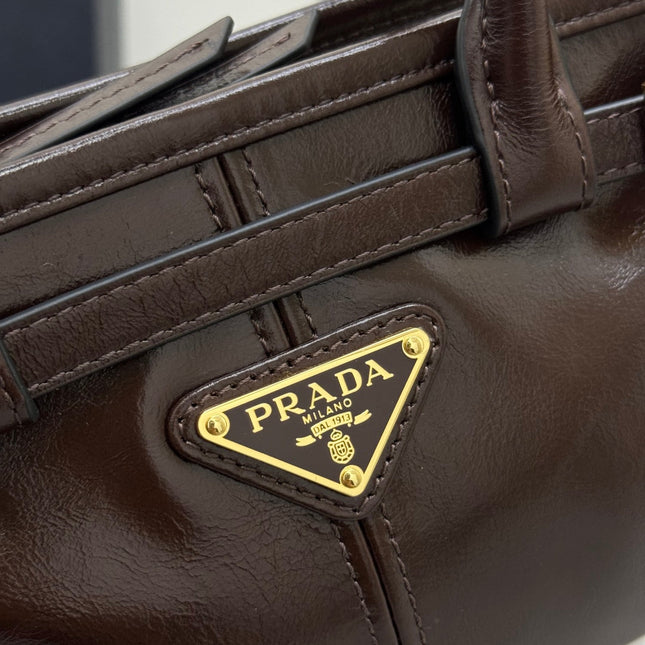 PRADA 25S BONNIE MINI HANDBAG 23 IN DARK BROWN CALFSKIN GOLD HARDWARE