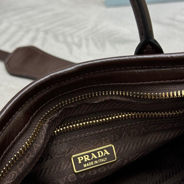PRADA 25S BONNIE MINI HANDBAG 23 IN DARK BROWN CALFSKIN GOLD HARDWARE
