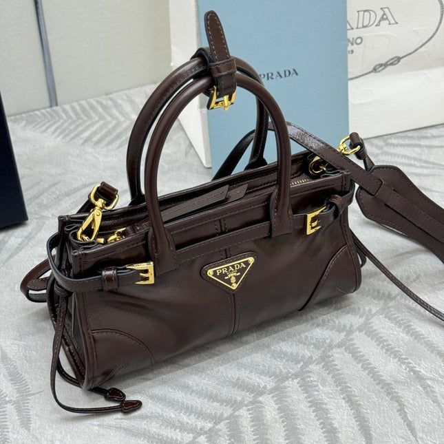 PRADA 25S BONNIE MINI HANDBAG 23 IN DARK BROWN CALFSKIN GOLD HARDWARE