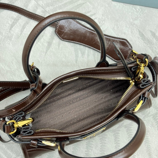 PRADA 25S BONNIE MINI HANDBAG 23 IN DARK BROWN CALFSKIN GOLD HARDWARE