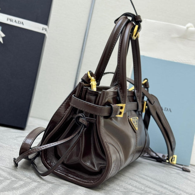 PRADA 25S BONNIE MINI HANDBAG 23 IN DARK BROWN CALFSKIN GOLD HARDWARE
