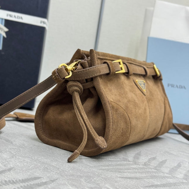 PRADA 25S BONNIE SMALL SHOULDER BAG 26 IN BROWN SUEDE GOLD HARDWARE