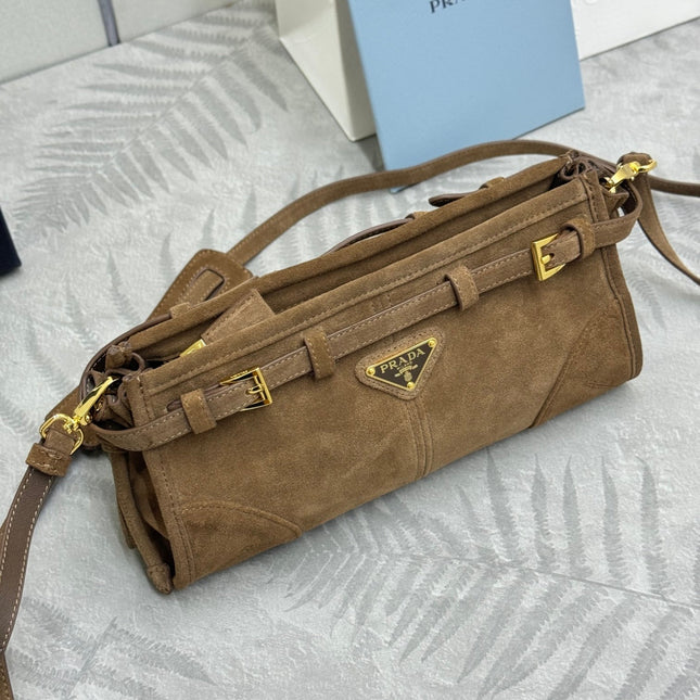 PRADA 25S BONNIE SMALL SHOULDER BAG 26 IN BROWN SUEDE GOLD HARDWARE