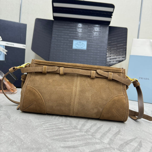 PRADA 25S BONNIE SMALL SHOULDER BAG 26 IN BROWN SUEDE GOLD HARDWARE