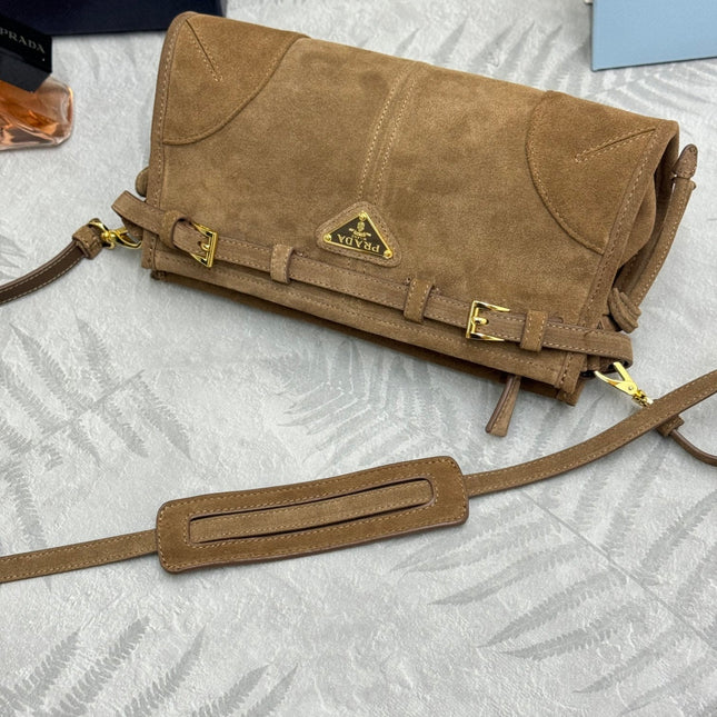 PRADA 25S BONNIE SMALL SHOULDER BAG 26 IN BROWN SUEDE GOLD HARDWARE
