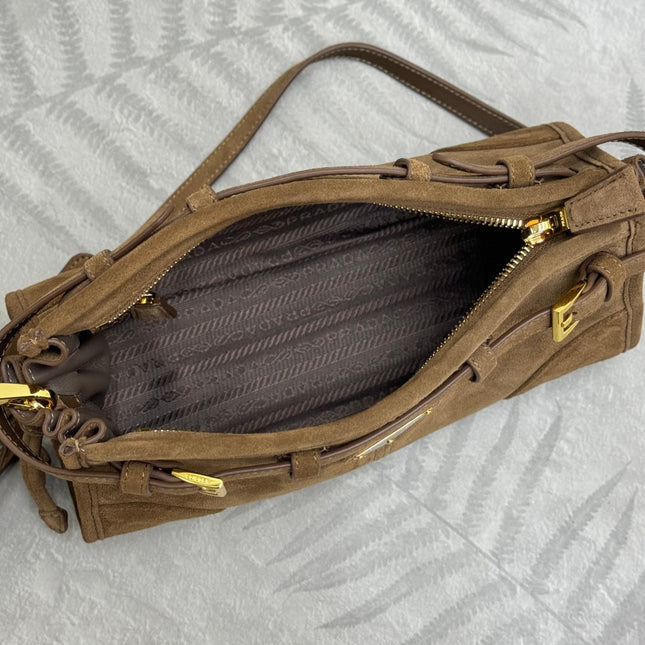 PRADA 25S BONNIE SMALL SHOULDER BAG 26 IN BROWN SUEDE GOLD HARDWARE