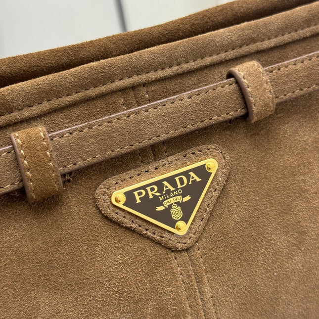 PRADA 25S BONNIE SMALL SHOULDER BAG 26 IN BROWN SUEDE GOLD HARDWARE