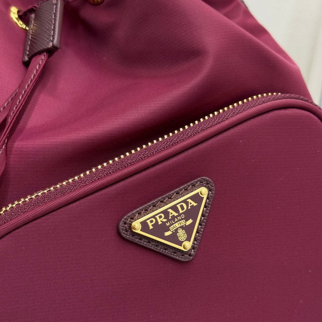 PRADA 25S DUET BUCKET BAG 23 IN BURGUNDY RE-NYLON GOLD HARDWARE
