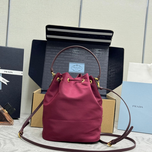 PRADA 25S DUET BUCKET BAG 23 IN BURGUNDY RE-NYLON GOLD HARDWARE