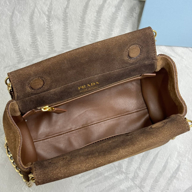 PRADA 25S ENCHAINE MINI BAG 22 IN CARAMEL BROWN SUEDE GOLD HARDWARE