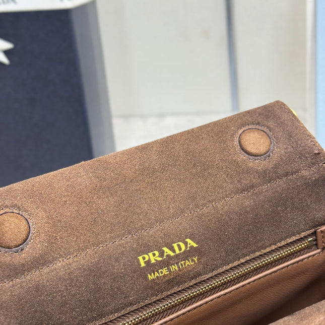 PRADA 25S ENCHAINE MINI BAG 22 IN CARAMEL BROWN SUEDE GOLD HARDWARE