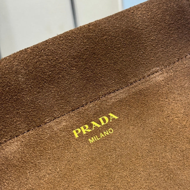 PRADA 25S ENCHAINE MINI BAG 22 IN CARAMEL BROWN SUEDE GOLD HARDWARE