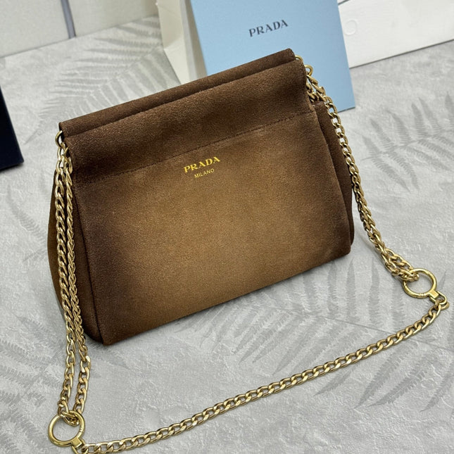 PRADA 25S ENCHAINE MINI BAG 22 IN CARAMEL BROWN SUEDE GOLD HARDWARE