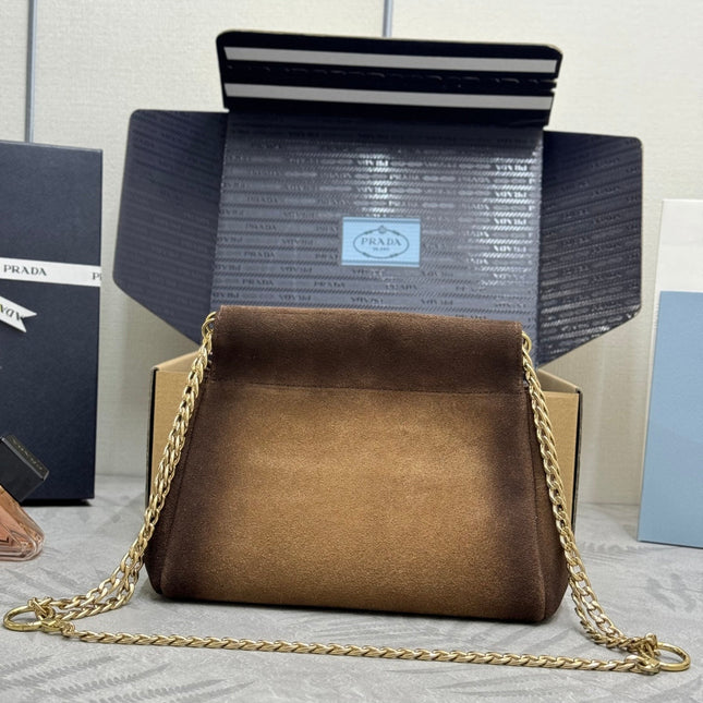 PRADA 25S ENCHAINE MINI BAG 22 IN CARAMEL BROWN SUEDE GOLD HARDWARE