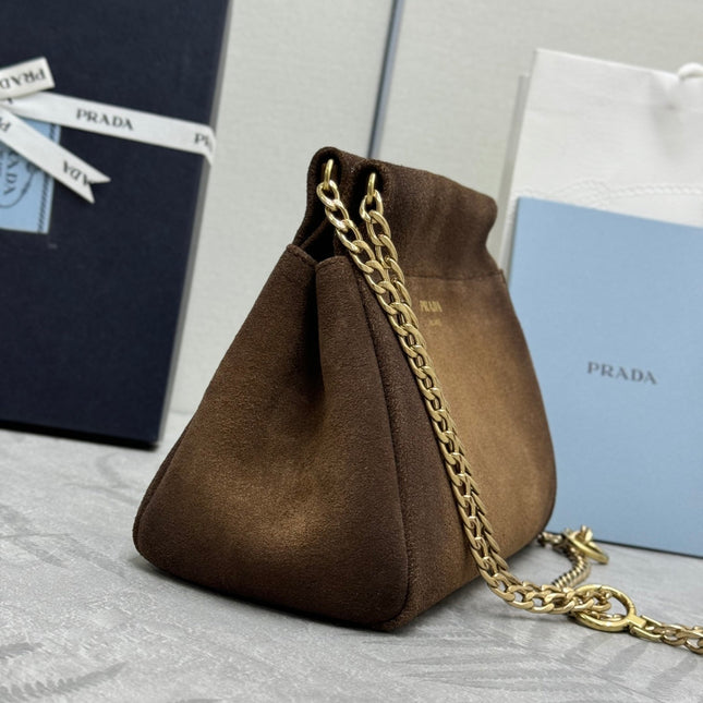 PRADA 25S ENCHAINE MINI BAG 22 IN CARAMEL BROWN SUEDE GOLD HARDWARE