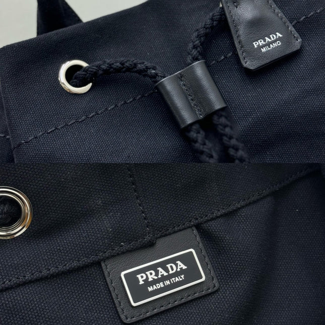 PRADA 25S DRAWSTRING BACKPACK 55 IN BLACK CANVAS LINEN SILVER HARDWARE