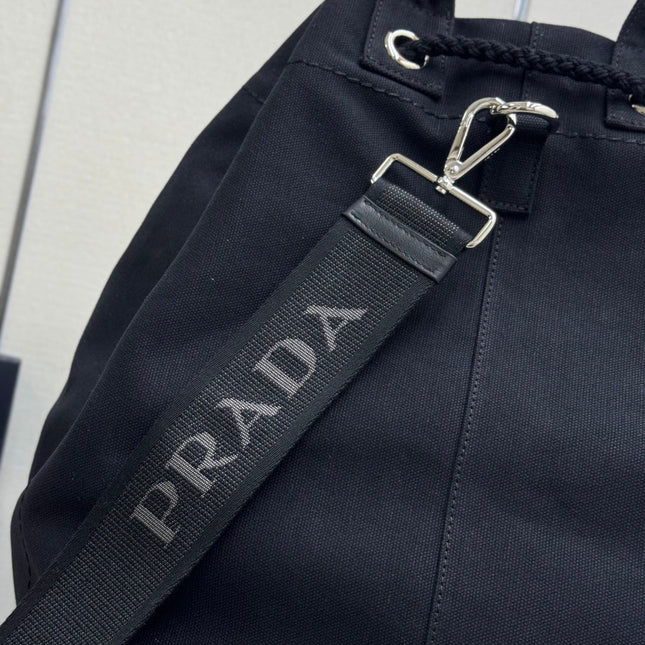 PRADA 25S DRAWSTRING BACKPACK 55 IN BLACK CANVAS LINEN SILVER HARDWARE