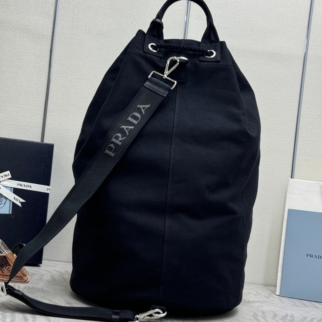 PRADA 25S DRAWSTRING BACKPACK 55 IN BLACK CANVAS LINEN SILVER HARDWARE