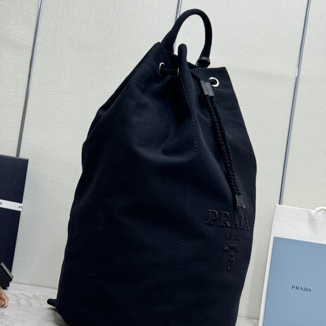 PRADA 25S DRAWSTRING BACKPACK 55 IN BLACK CANVAS LINEN SILVER HARDWARE