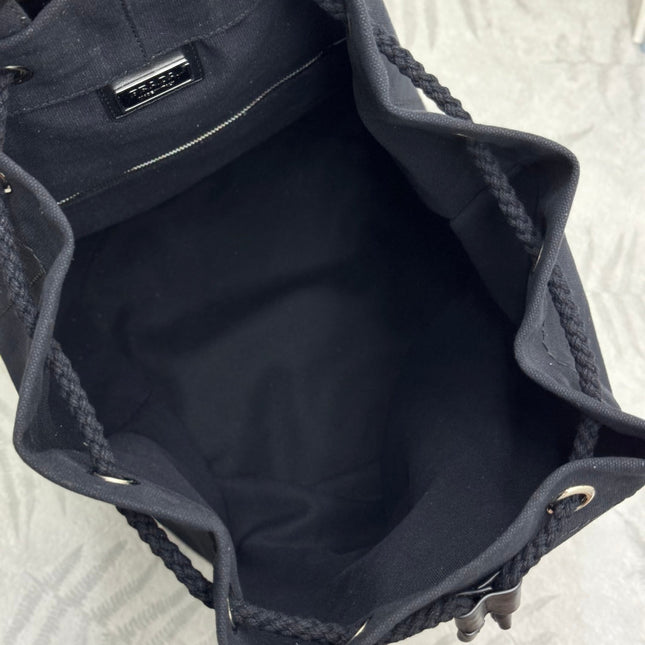 PRADA 25S DRAWSTRING BACKPACK 55 IN BLACK CANVAS LINEN SILVER HARDWARE