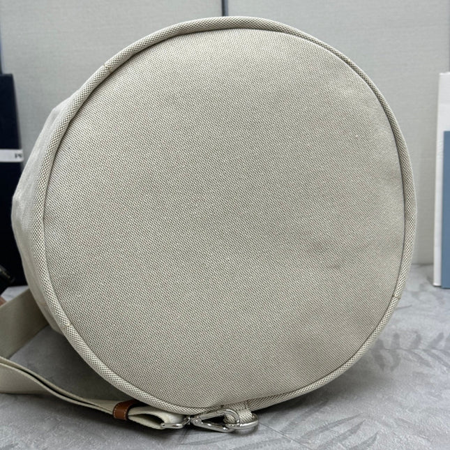 PRADA 25S DRAWSTRING BACKPACK 55 IN BEIGE CANVAS LINEN SILVER HARDWARE