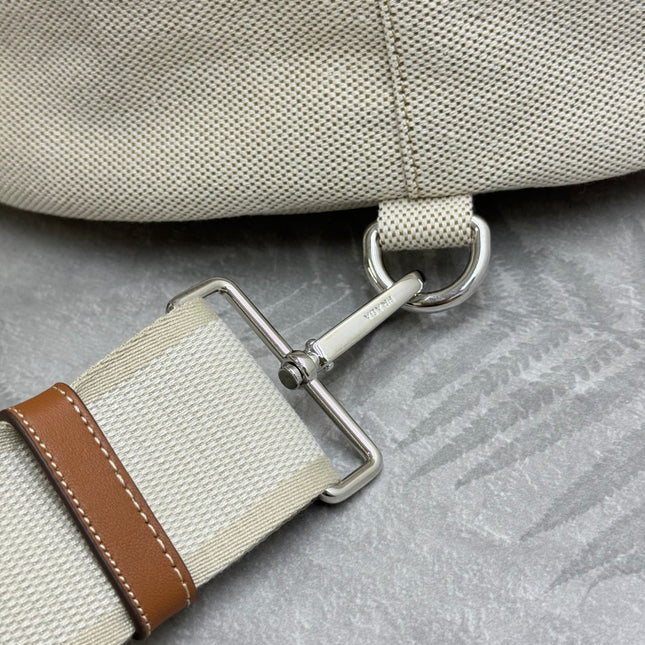 PRADA 25S DRAWSTRING BACKPACK 55 IN BEIGE CANVAS LINEN SILVER HARDWARE