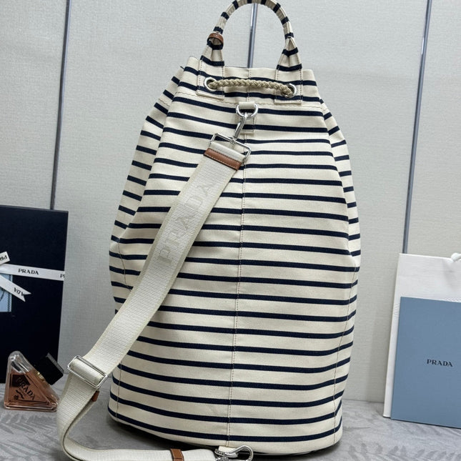 PRADA 25S DRAWSTRING BACKPACK 55 IN HORIZONTAL STRIPES CANVAS SILVER HARDWARE