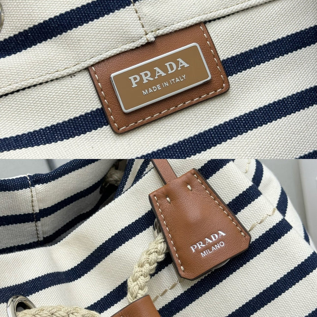 PRADA 25S DRAWSTRING BACKPACK 55 IN HORIZONTAL STRIPES CANVAS SILVER HARDWARE