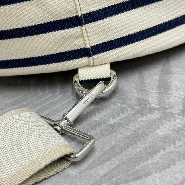 PRADA 25S DRAWSTRING BACKPACK 55 IN HORIZONTAL STRIPES CANVAS SILVER HARDWARE
