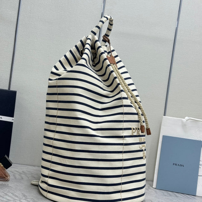 PRADA 25S DRAWSTRING BACKPACK 55 IN HORIZONTAL STRIPES CANVAS SILVER HARDWARE
