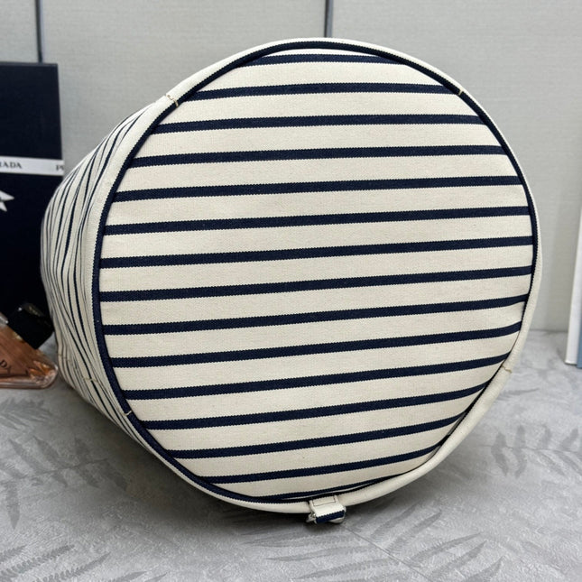 PRADA 25S DRAWSTRING BACKPACK 55 IN HORIZONTAL STRIPES CANVAS SILVER HARDWARE