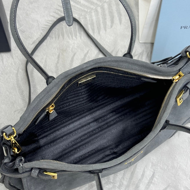 PRADA 25S BONNIE LARGE HANDBAG 38 IN DARK GRAY SUEDE GOLD HARDWARE