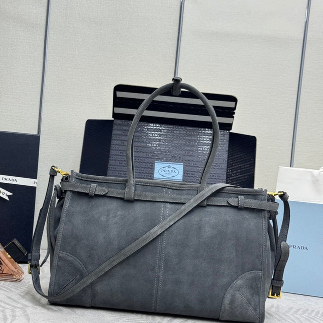 PRADA 25S BONNIE LARGE HANDBAG 38 IN DARK GRAY SUEDE GOLD HARDWARE