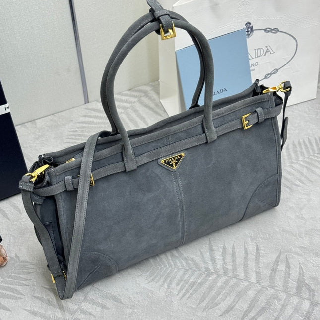 PRADA 25S BONNIE LARGE HANDBAG 38 IN DARK GRAY SUEDE GOLD HARDWARE